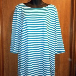 Lands' End Women's Teal and White Striped Long Sleeve Top